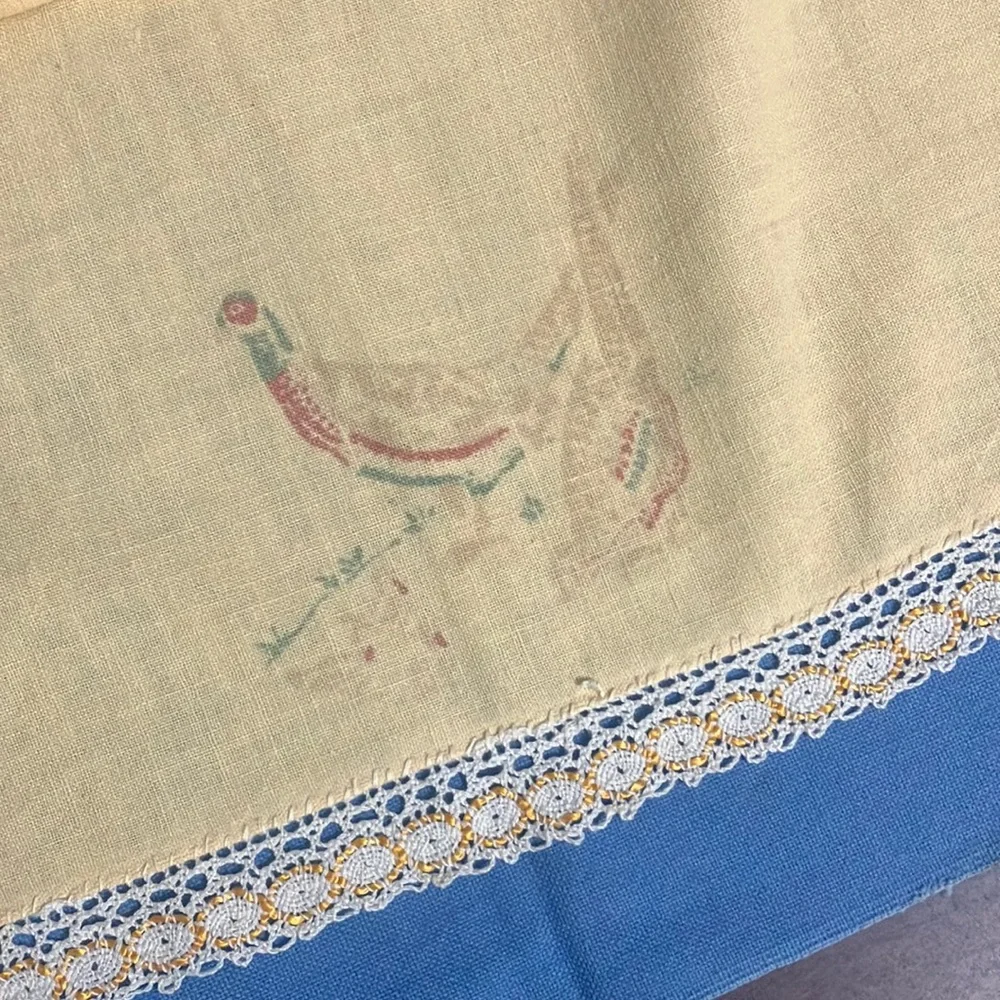 Set of 3 Vintage Cotton Tea Towels / Rags Blue Cannon, Yellow Pheasant with Lace